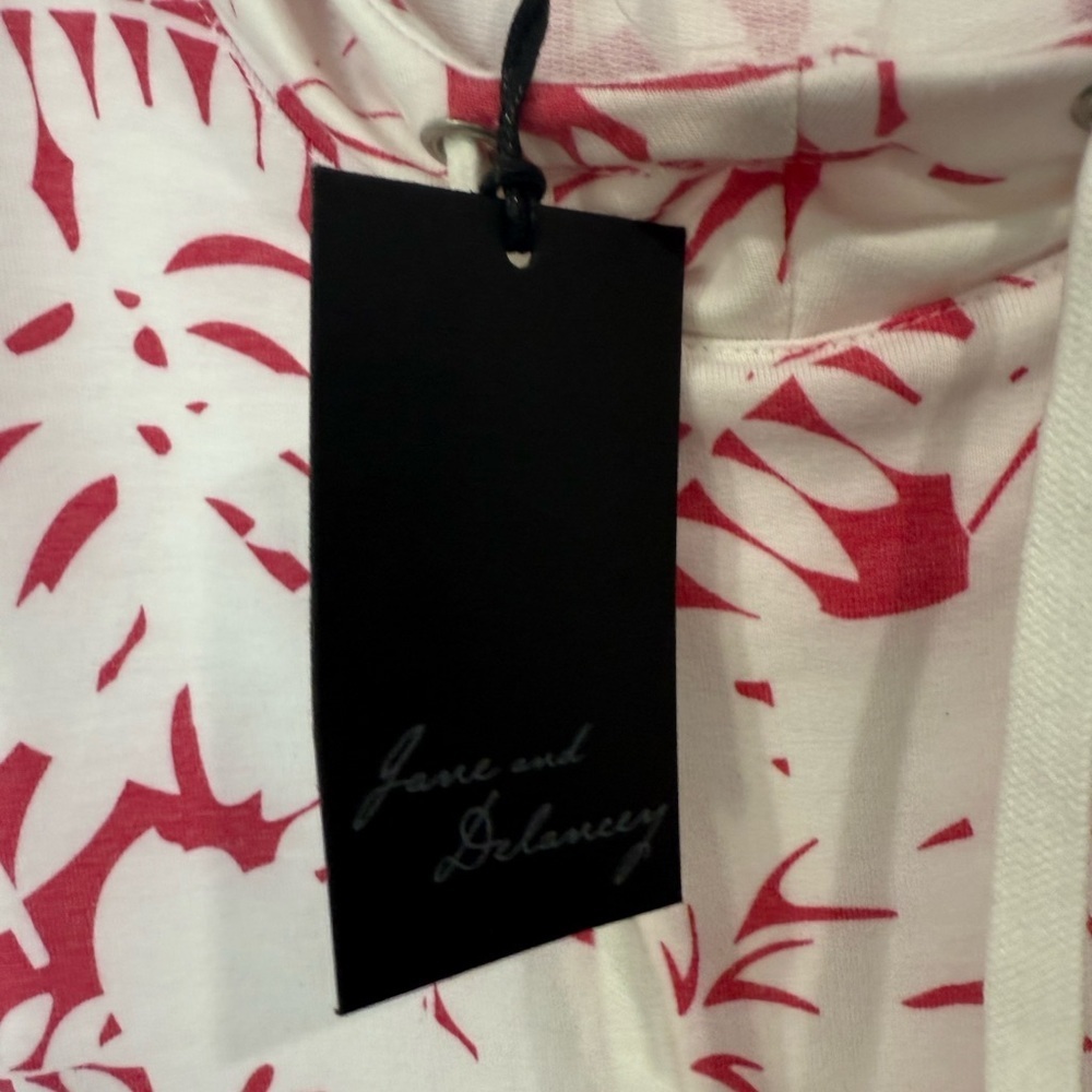 Jane‎ and Delancey Hoodie Tropical Leaf Hoodie Hi Low Hem White Pink Size Small - Picture 5 of 7